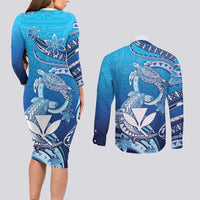 Hawaii Couples Matching Long Sleeve Bodycon Dress and Long Sleeve Button Shirt Turtle With Hammerhead Shark Oceanic