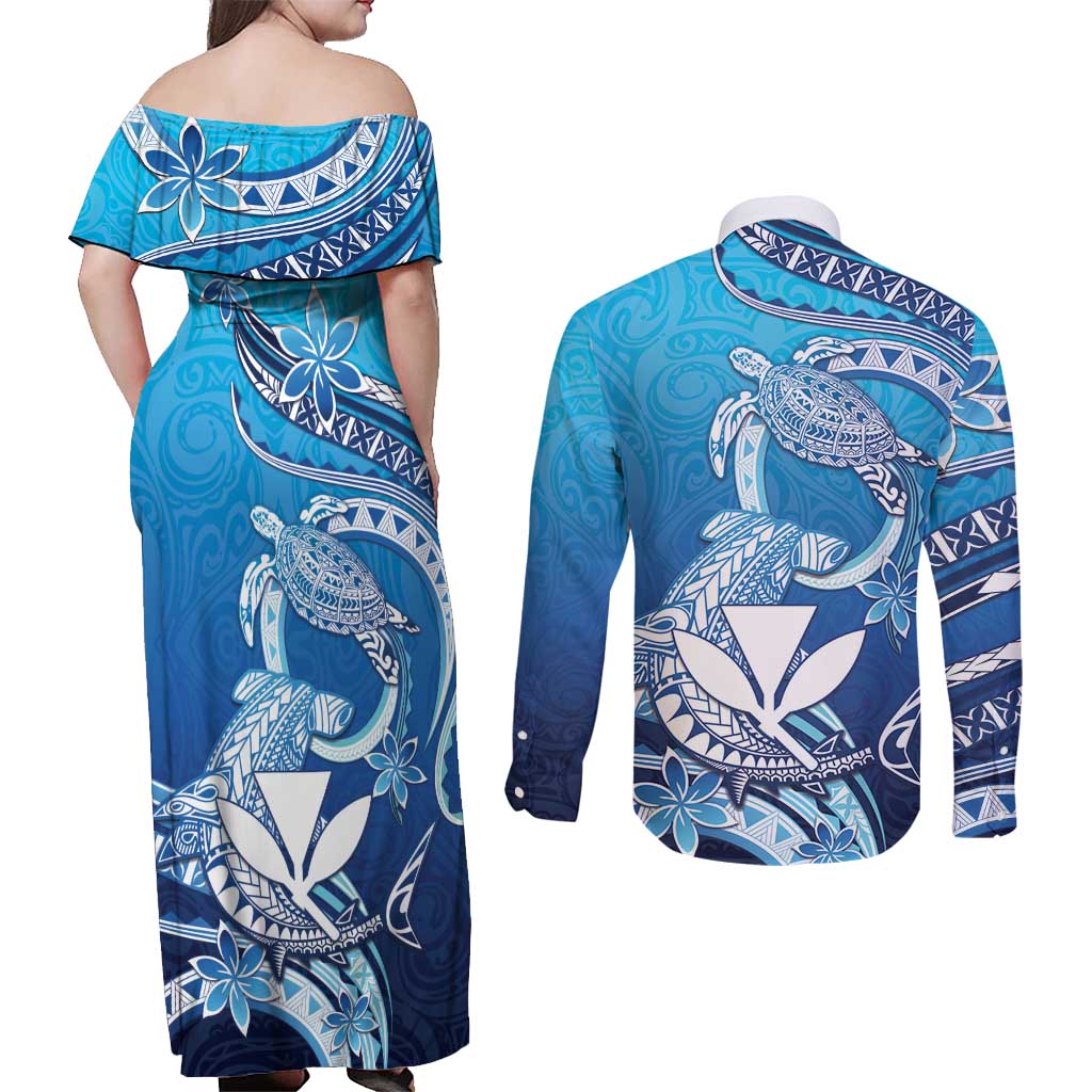 Hawaii Couples Matching Off Shoulder Maxi Dress and Long Sleeve Button Shirt Turtle With Hammerhead Shark Oceanic