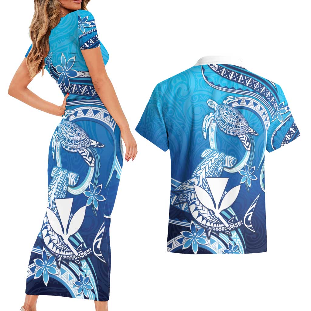 Hawaii Couples Matching Short Sleeve Bodycon Dress and Hawaiian Shirt Turtle With Hammerhead Shark Oceanic