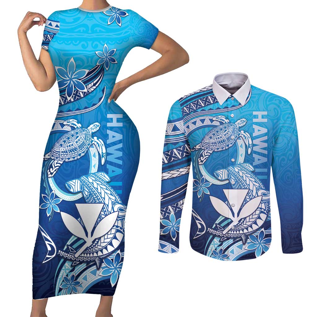 Hawaii Couples Matching Short Sleeve Bodycon Dress and Long Sleeve Button Shirt Turtle With Hammerhead Shark Oceanic