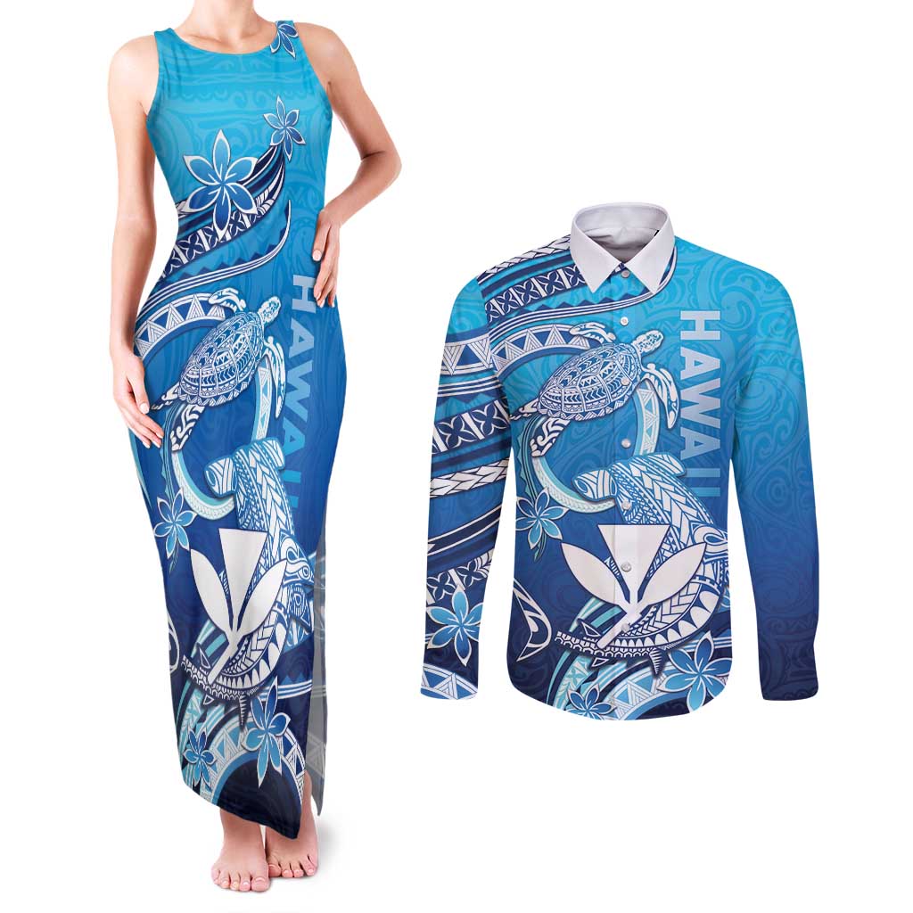 Hawaii Couples Matching Tank Maxi Dress and Long Sleeve Button Shirt Turtle With Hammerhead Shark Oceanic