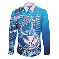 Hawaii Family Matching Long Sleeve Bodycon Dress and Hawaiian Shirt Turtle With Hammerhead Shark Oceanic DT04 Dad's Shirt - Long Sleeve Blue - Polynesian Pride