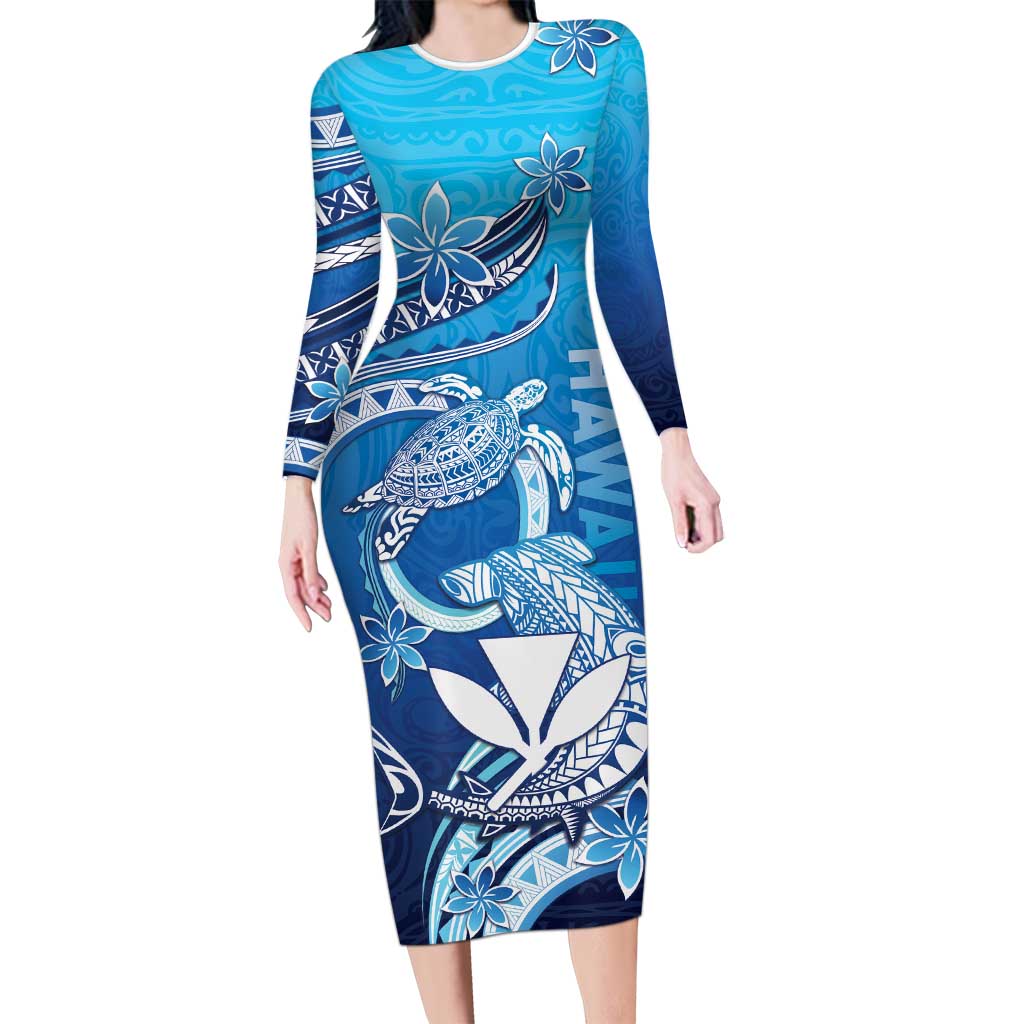 Hawaii Family Matching Long Sleeve Bodycon Dress and Hawaiian Shirt Turtle With Hammerhead Shark Oceanic DT04 Mom's Dress Blue - Polynesian Pride
