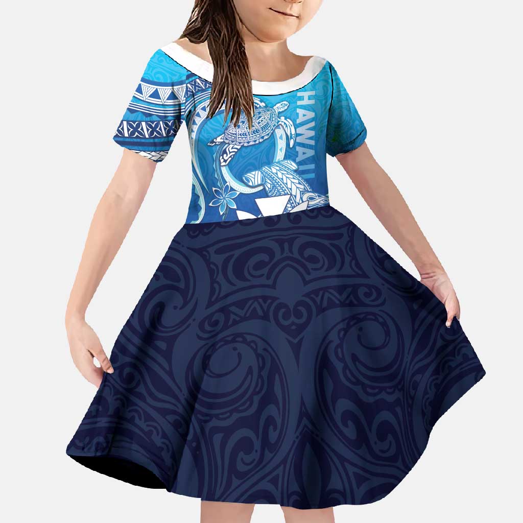 Hawaii Family Matching Short Sleeve Bodycon Dress and Hawaiian Shirt Turtle With Hammerhead Shark Oceanic DT04 Daughter's Dress Blue - Polynesian Pride
