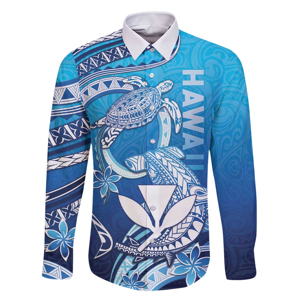 Hawaii Family Matching Short Sleeve Bodycon Dress and Hawaiian Shirt Turtle With Hammerhead Shark Oceanic DT04 Dad's Shirt - Long Sleeve Blue - Polynesian Pride