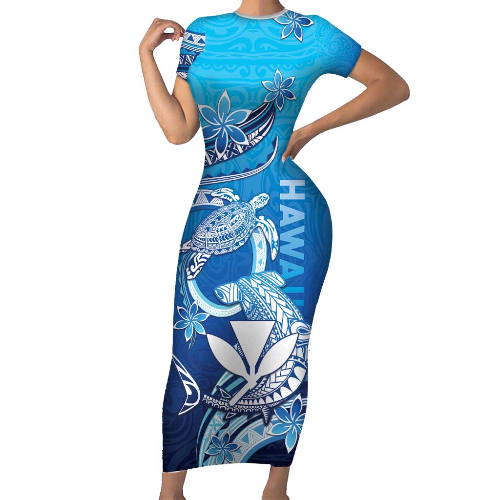 Hawaii Family Matching Short Sleeve Bodycon Dress and Hawaiian Shirt Turtle With Hammerhead Shark Oceanic DT04 Mom's Dress Blue - Polynesian Pride