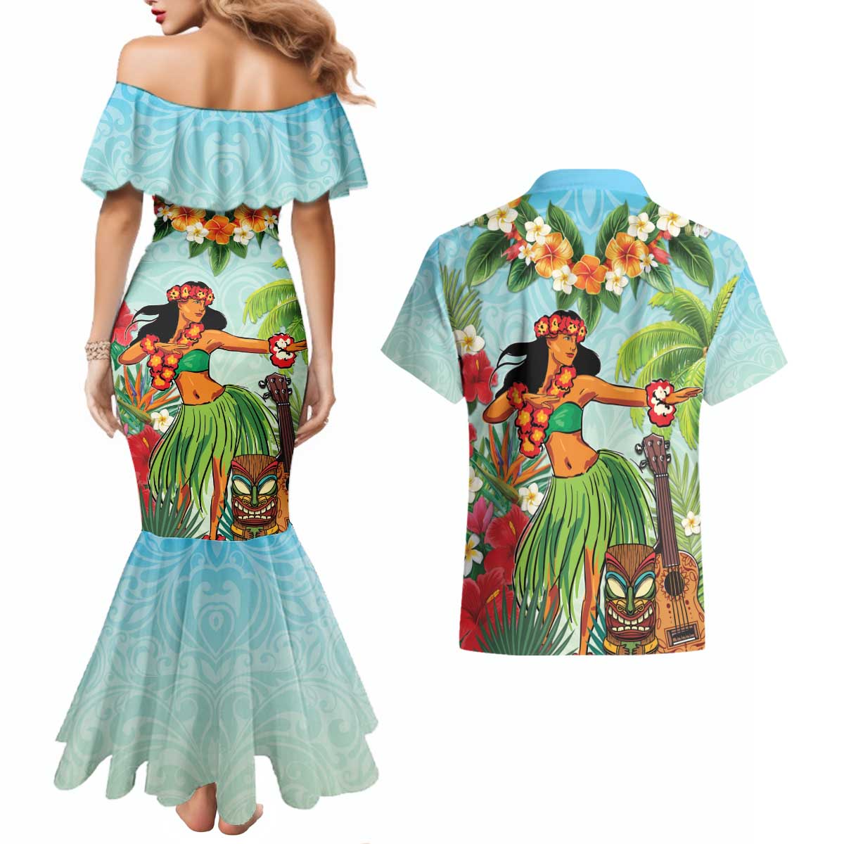 Hawaii Lei Day Couples Matching Mermaid Dress and Hawaiian Shirt Hula Girl With Tropical Forest
