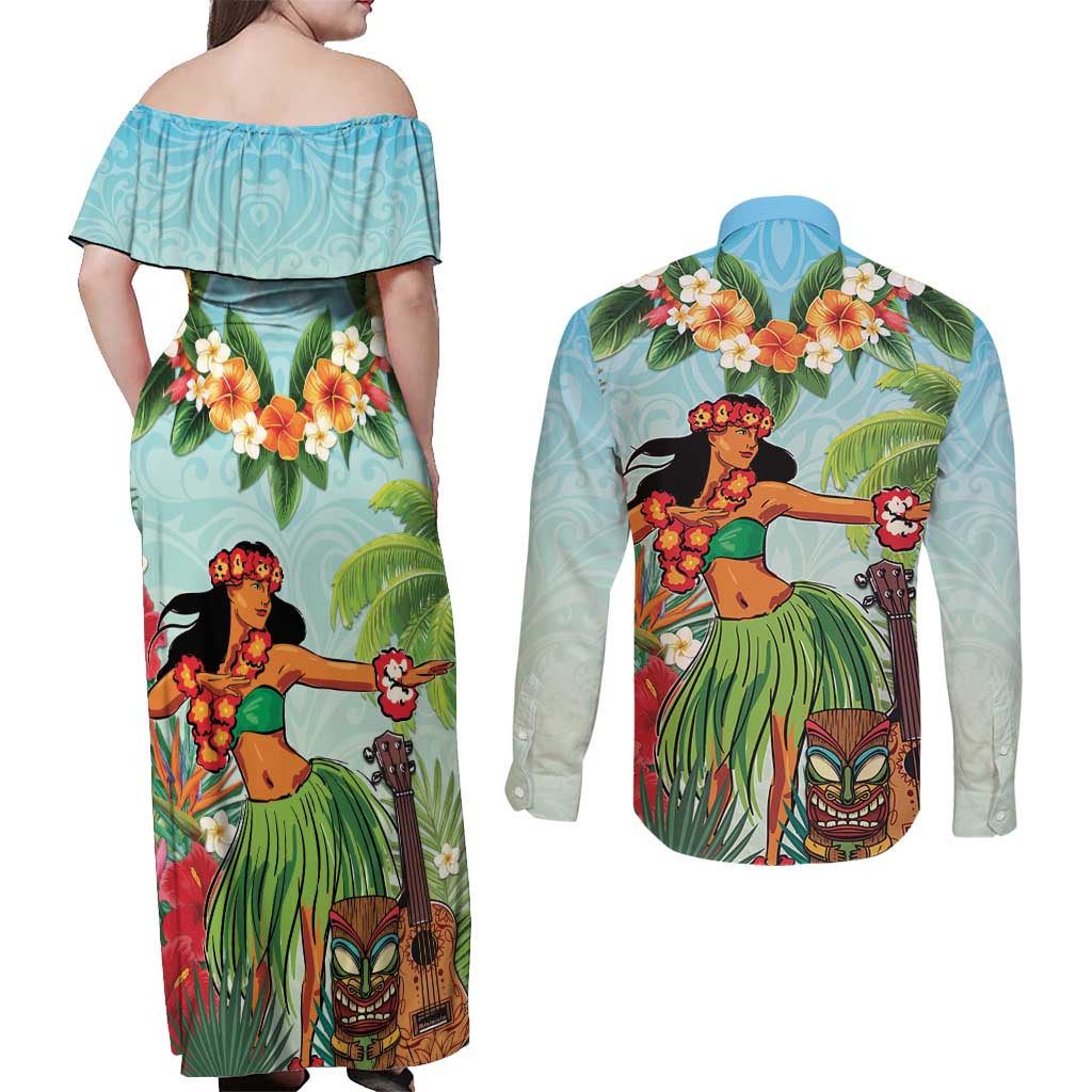 Hawaii Lei Day Couples Matching Off Shoulder Maxi Dress and Long Sleeve Button Shirt Hula Girl With Tropical Forest