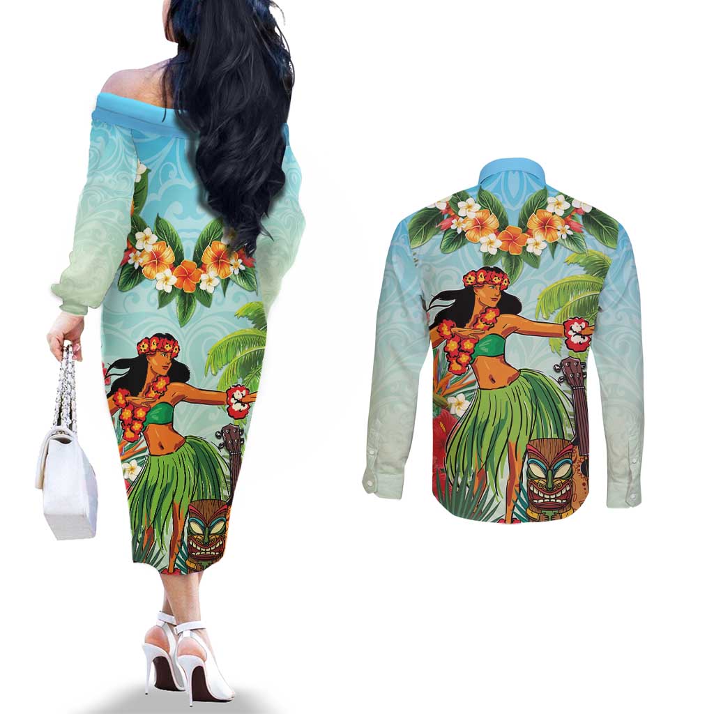 Hawaii Lei Day Couples Matching Off The Shoulder Long Sleeve Dress and Long Sleeve Button Shirt Hula Girl With Tropical Forest