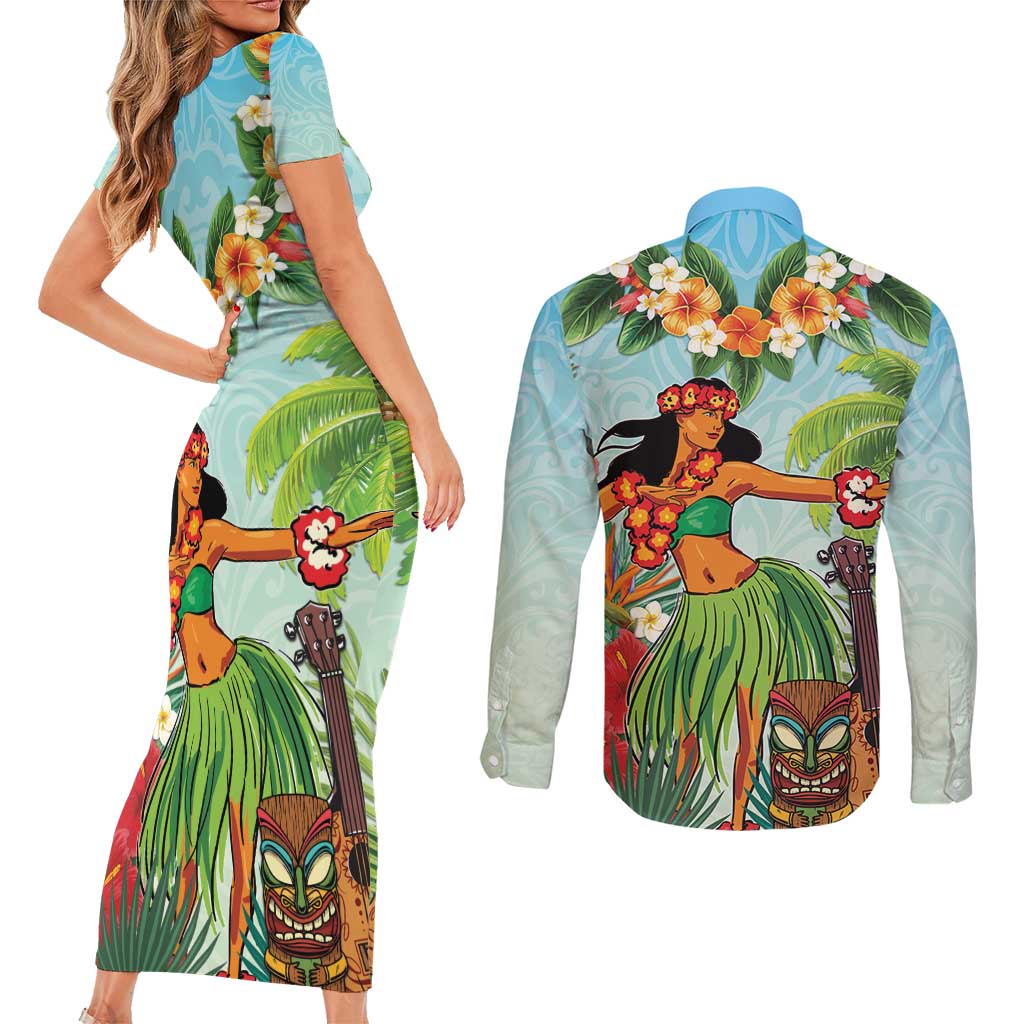 Hawaii Lei Day Couples Matching Short Sleeve Bodycon Dress and Long Sleeve Button Shirt Hula Girl With Tropical Forest