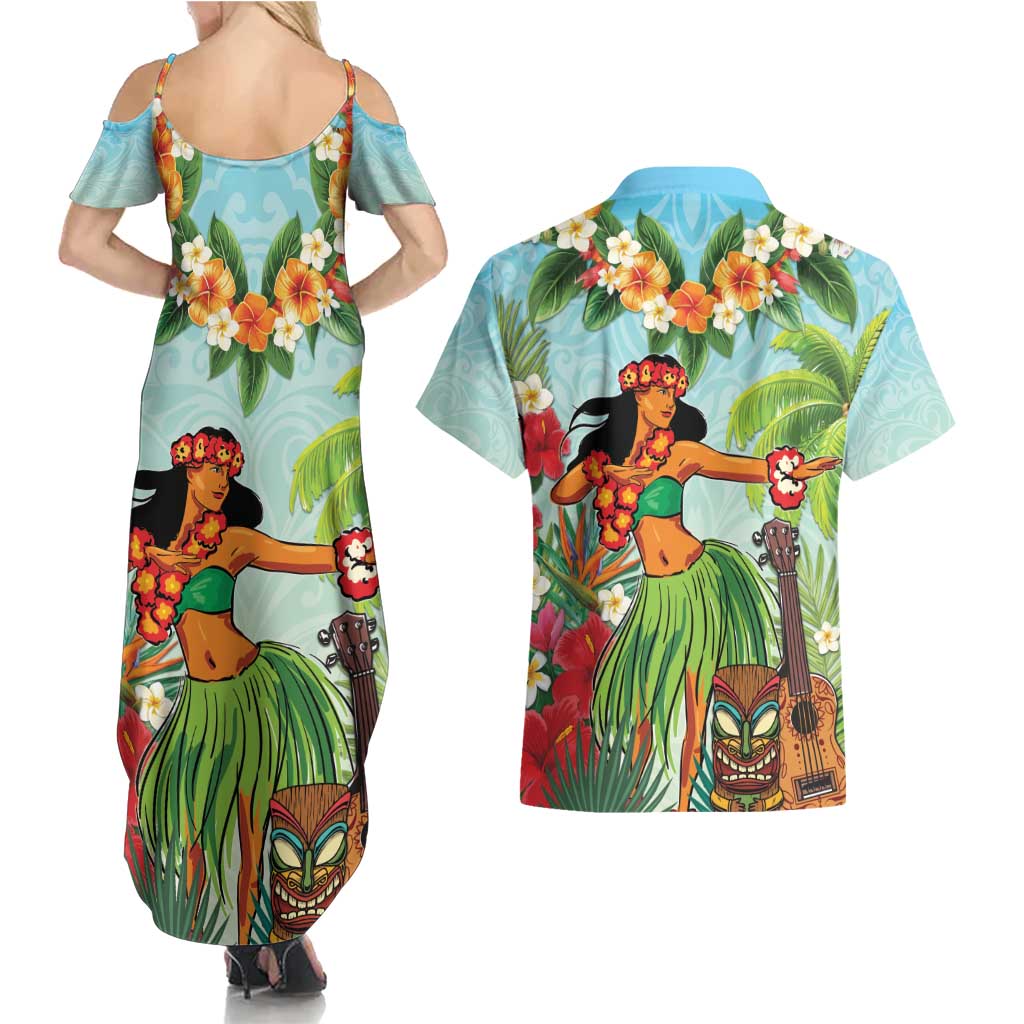Hawaii Lei Day Couples Matching Summer Maxi Dress and Hawaiian Shirt Hula Girl With Tropical Forest