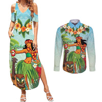 Hawaii Lei Day Couples Matching Summer Maxi Dress and Long Sleeve Button Shirt Hula Girl With Tropical Forest