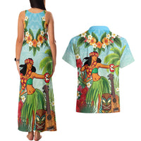 Hawaii Lei Day Couples Matching Tank Maxi Dress and Hawaiian Shirt Hula Girl With Tropical Forest