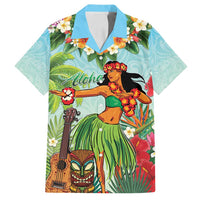 Hawaii Lei Day Family Matching Long Sleeve Bodycon Dress and Hawaiian Shirt Hula Girl With Tropical Forest DT04 Dad's Shirt - Short Sleeve Blue - Polynesian Pride