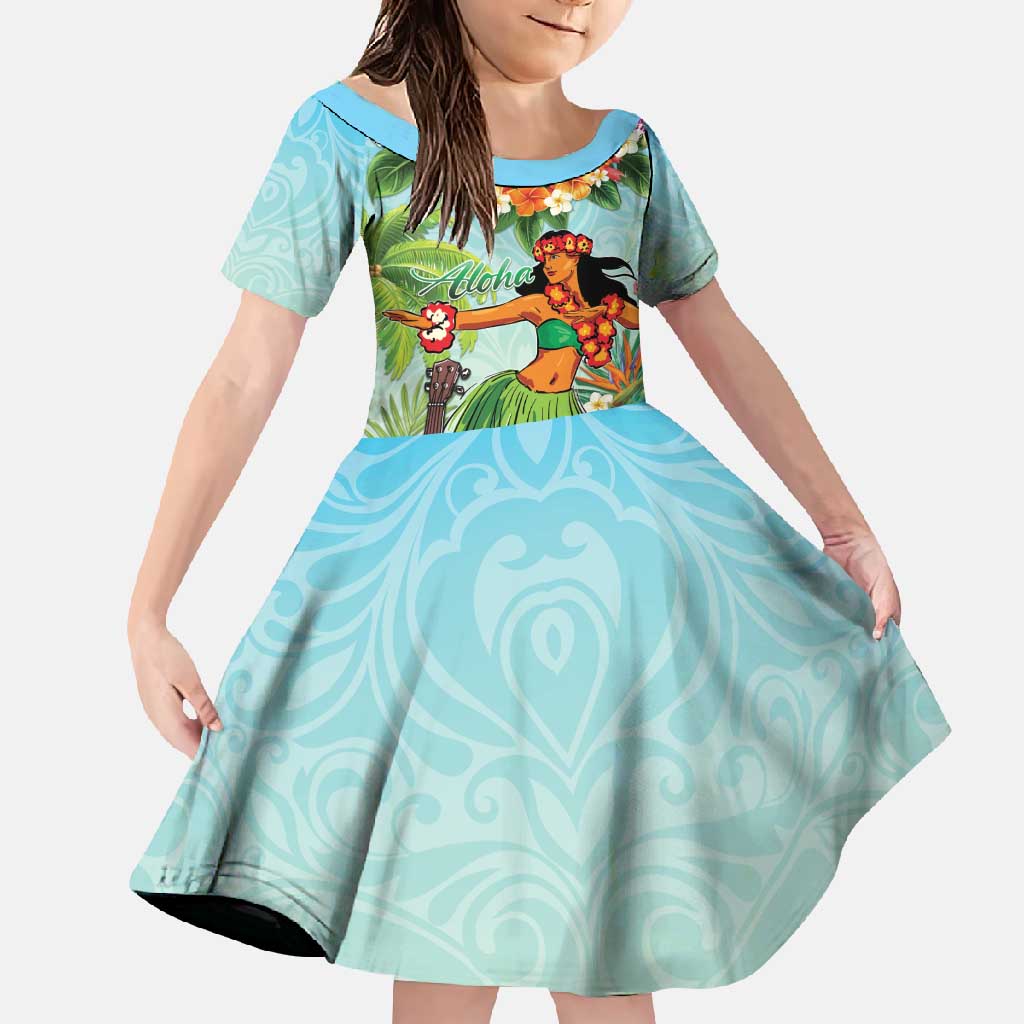 Hawaii Lei Day Family Matching Mermaid Dress and Hawaiian Shirt Hula Girl With Tropical Forest DT04 Daughter's Dress Blue - Polynesian Pride