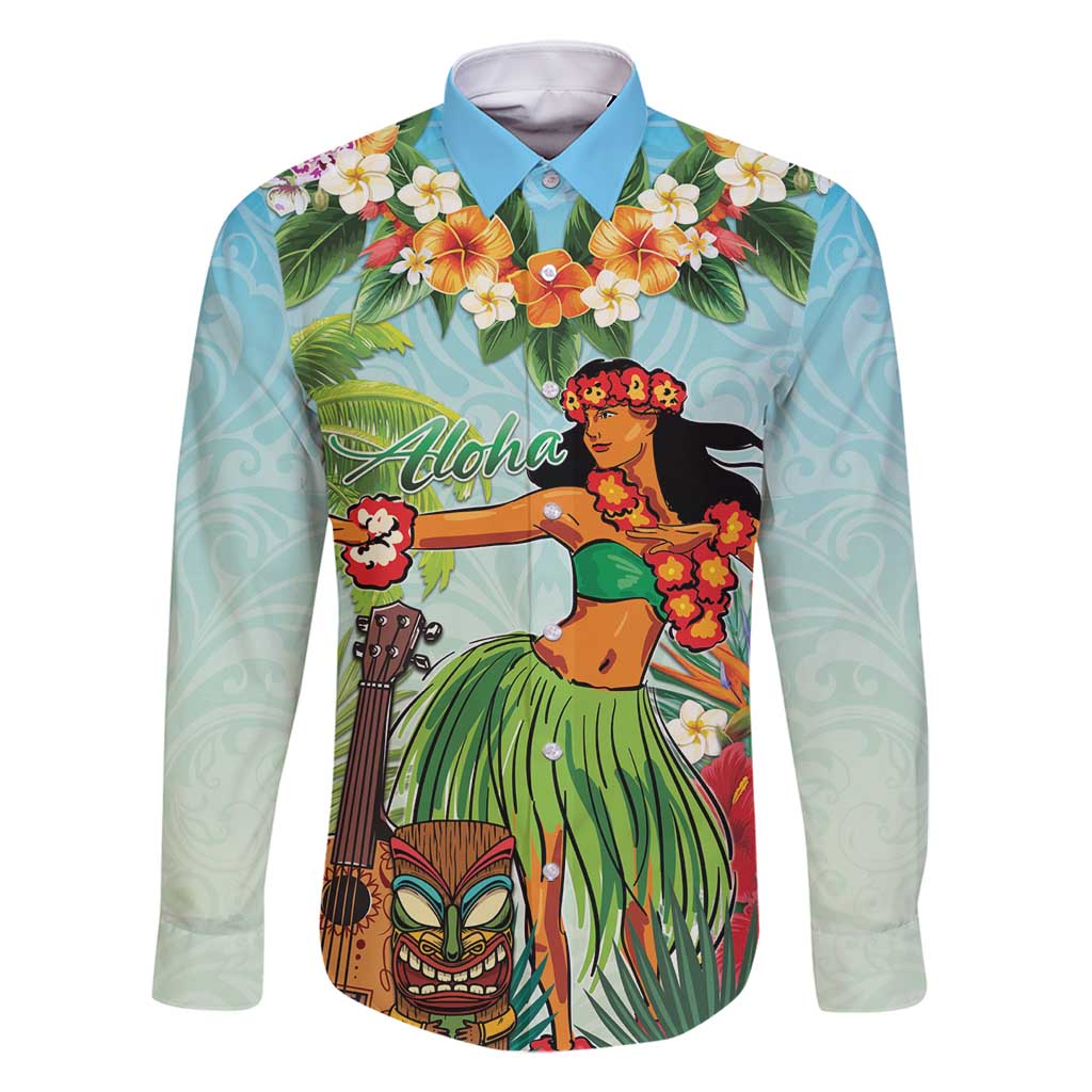 Hawaii Lei Day Family Matching Mermaid Dress and Hawaiian Shirt Hula Girl With Tropical Forest DT04 Dad's Shirt - Long Sleeve Blue - Polynesian Pride
