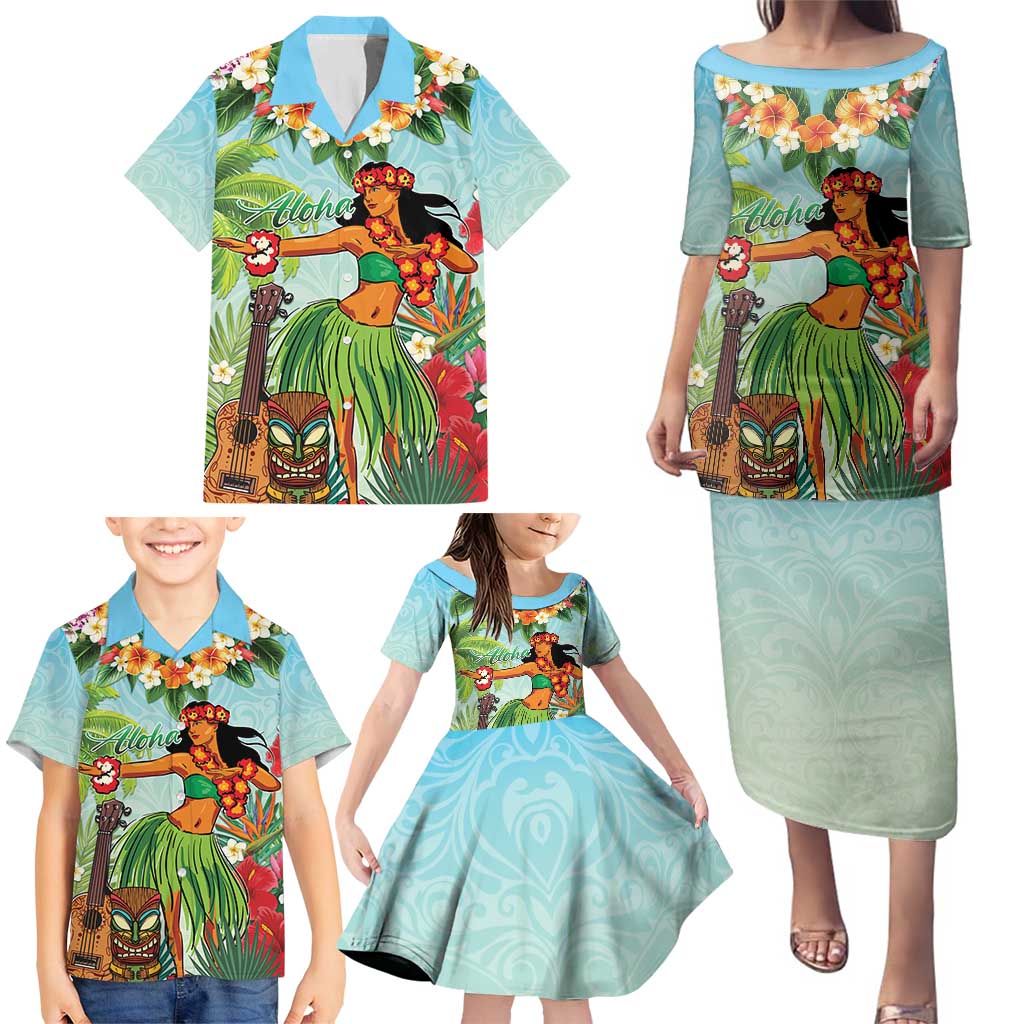 Hawaii Lei Day Family Matching Puletasi and Hawaiian Shirt Hula Girl With Tropical Forest