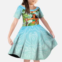 Hawaii Lei Day Family Matching Short Sleeve Bodycon Dress and Hawaiian Shirt Hula Girl With Tropical Forest DT04 Daughter's Dress Blue - Polynesian Pride