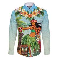 Hawaii Lei Day Family Matching Short Sleeve Bodycon Dress and Hawaiian Shirt Hula Girl With Tropical Forest DT04 Dad's Shirt - Long Sleeve Blue - Polynesian Pride