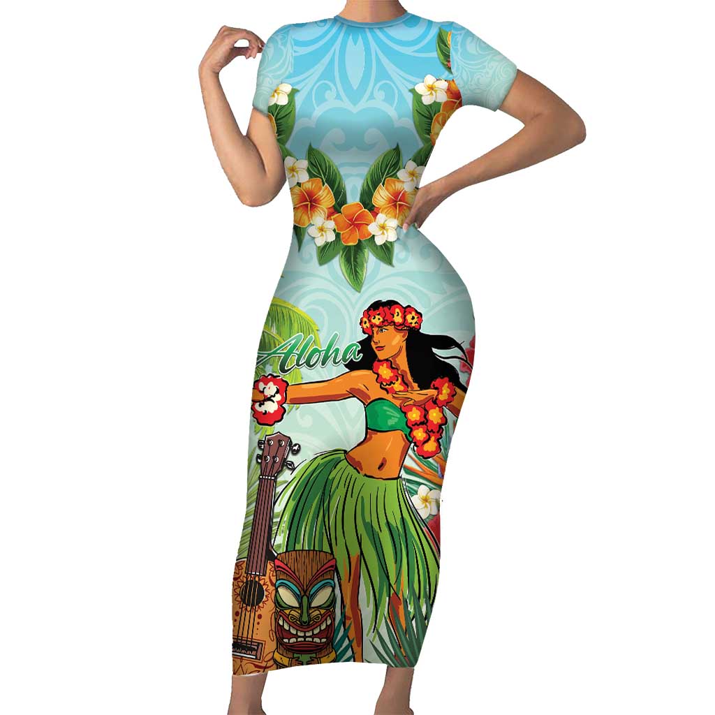 Hawaii Lei Day Family Matching Short Sleeve Bodycon Dress and Hawaiian Shirt Hula Girl With Tropical Forest DT04 Mom's Dress Blue - Polynesian Pride