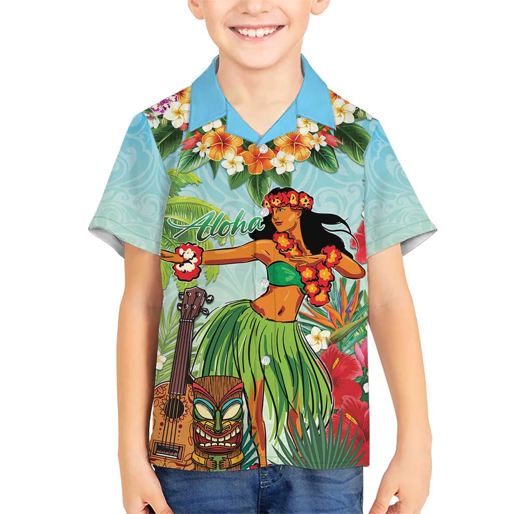 Hawaii Lei Day Family Matching Short Sleeve Bodycon Dress and Hawaiian Shirt Hula Girl With Tropical Forest DT04 Son's Shirt Blue - Polynesian Pride