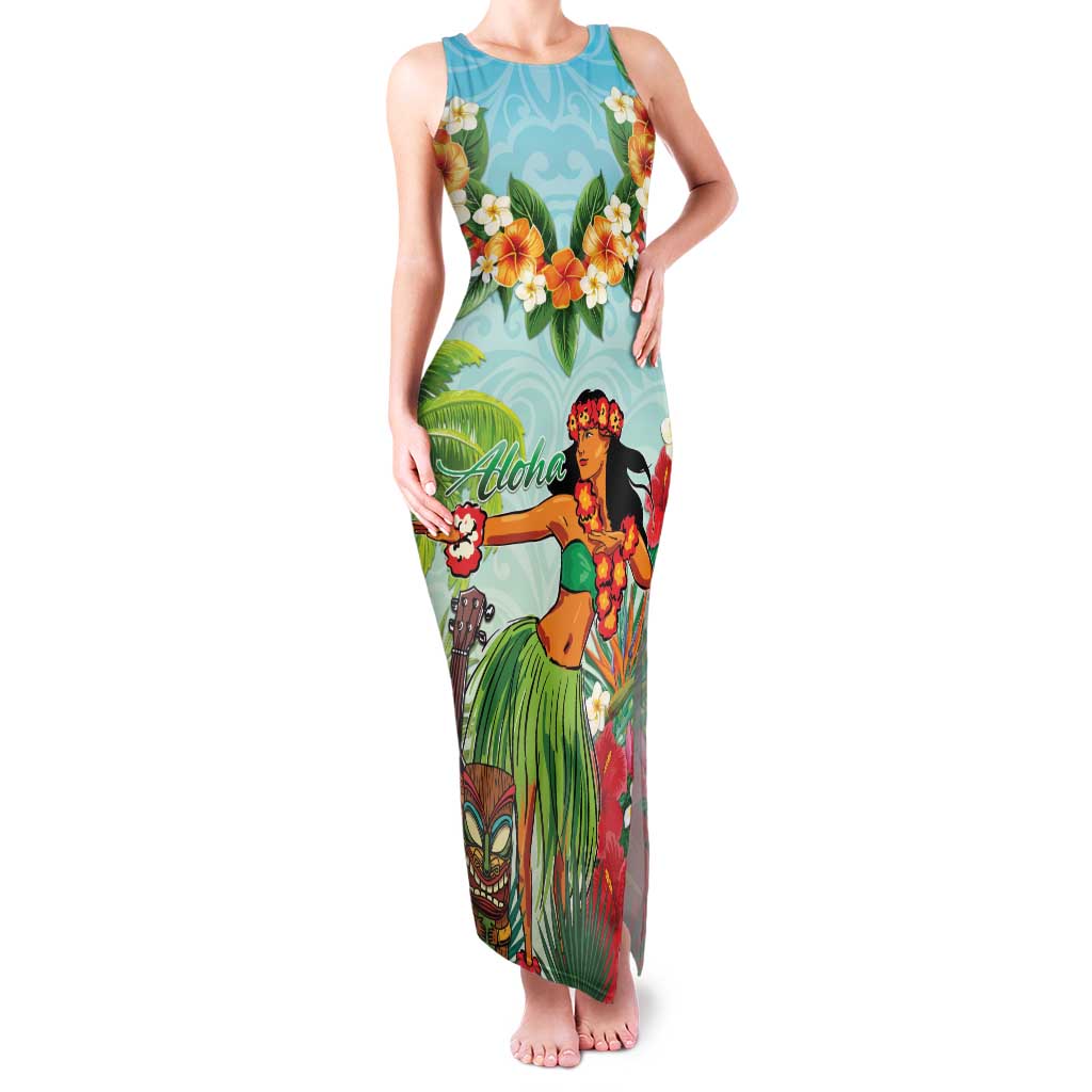 Hawaii Lei Day Family Matching Tank Maxi Dress and Hawaiian Shirt Hula Girl With Tropical Forest