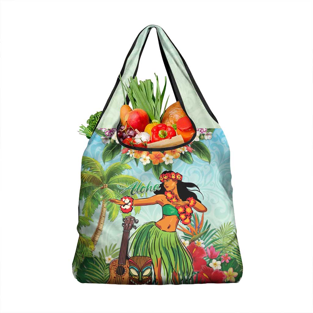 Hawaii Lei Day Grocery Bag Hula Girl With Tropical Forest