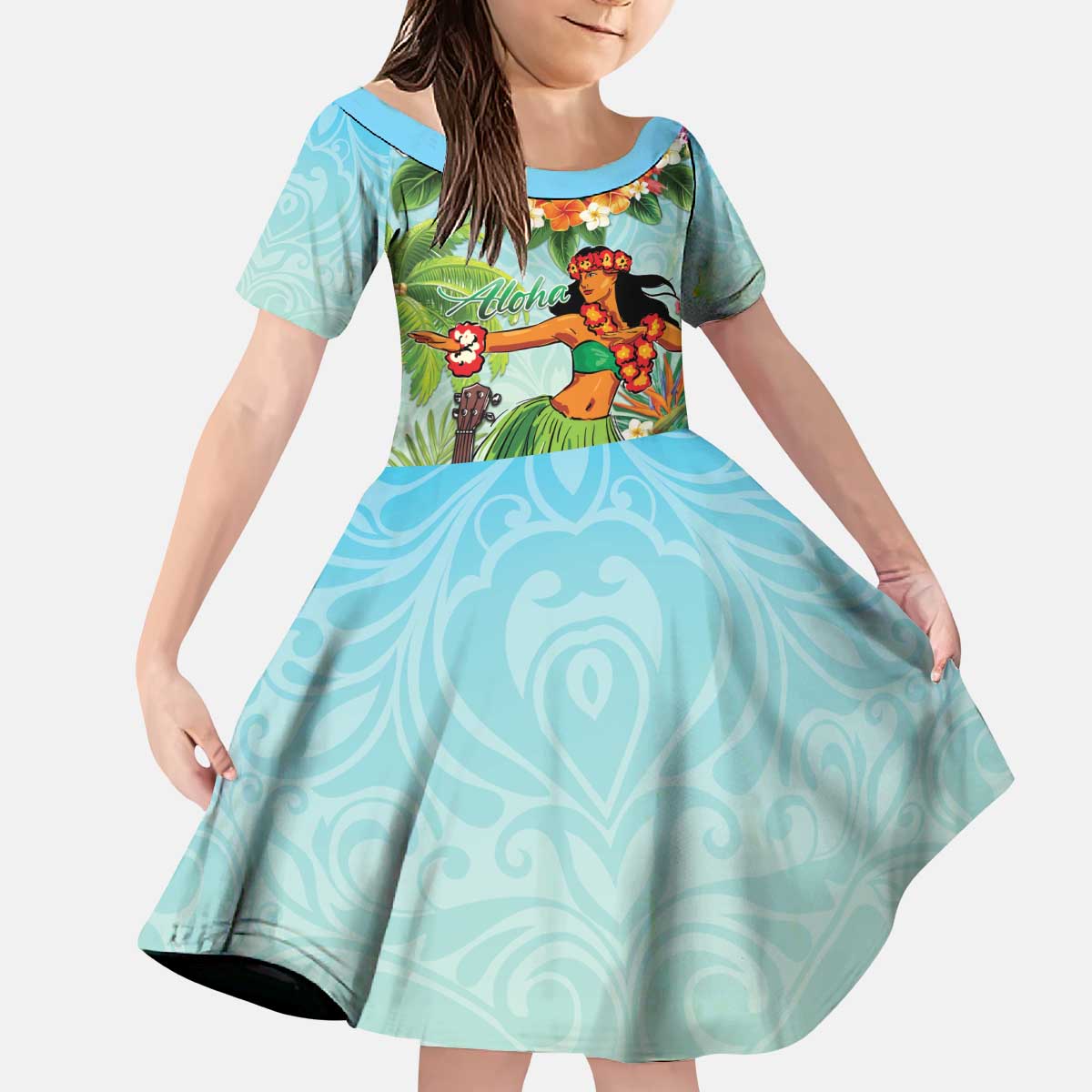 Hawaii Lei Day Kid Short Sleeve Dress Hula Girl With Tropical Forest