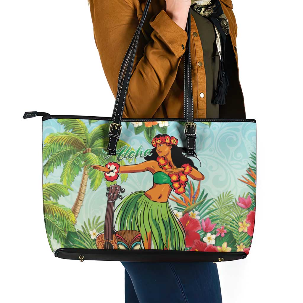 Hawaii Lei Day Leather Tote Bag Hula Girl With Tropical Forest
