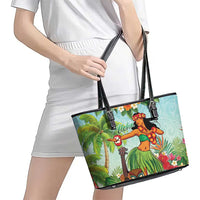 Hawaii Lei Day Leather Tote Bag Hula Girl With Tropical Forest