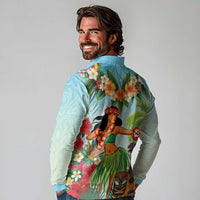 Hawaii Lei Day Long Sleeve Polo Shirt Hula Girl With Tropical Forest