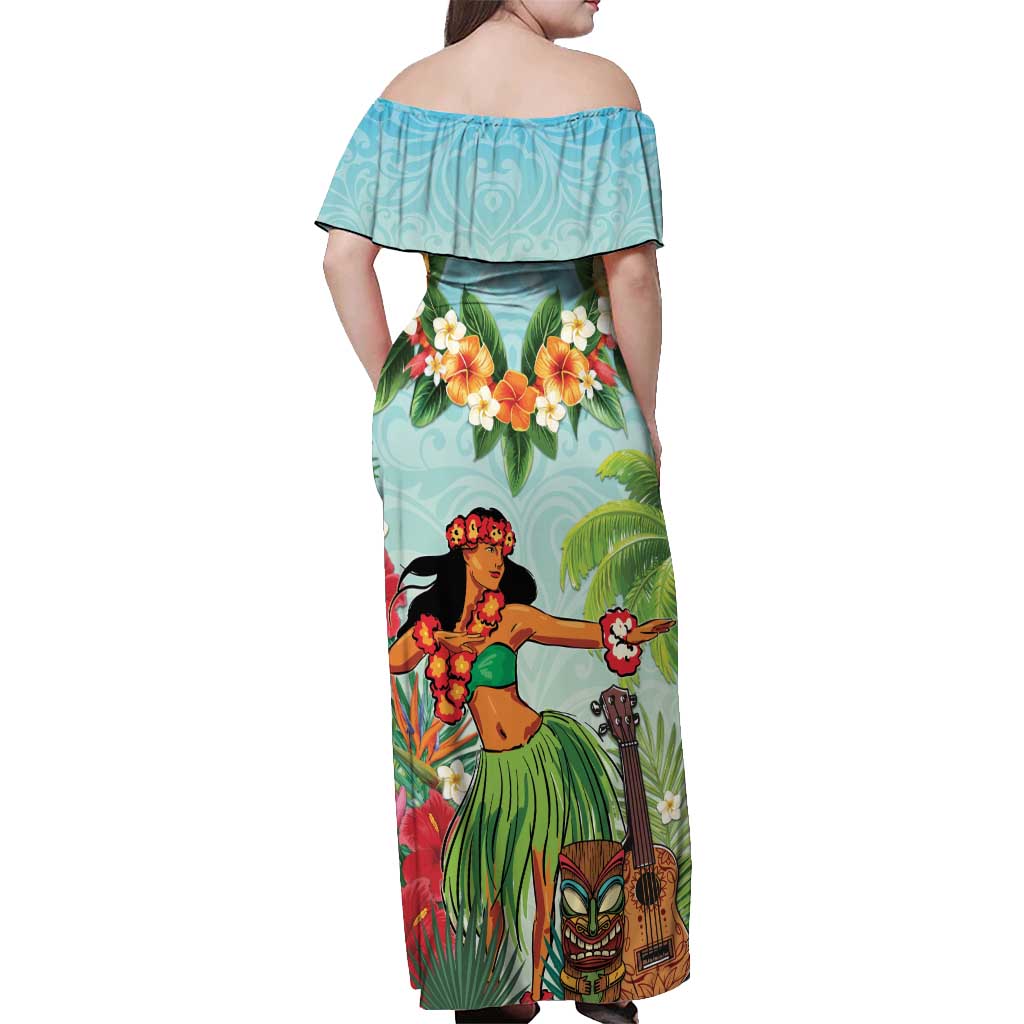 Hawaii Lei Day Off Shoulder Maxi Dress Hula Girl With Tropical Forest