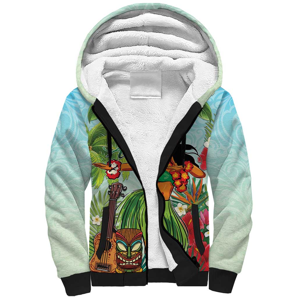 Hawaii Lei Day Sherpa Hoodie Hula Girl With Tropical Forest