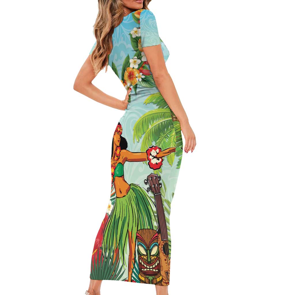 Hawaii Lei Day Short Sleeve Bodycon Dress Hula Girl With Tropical Forest