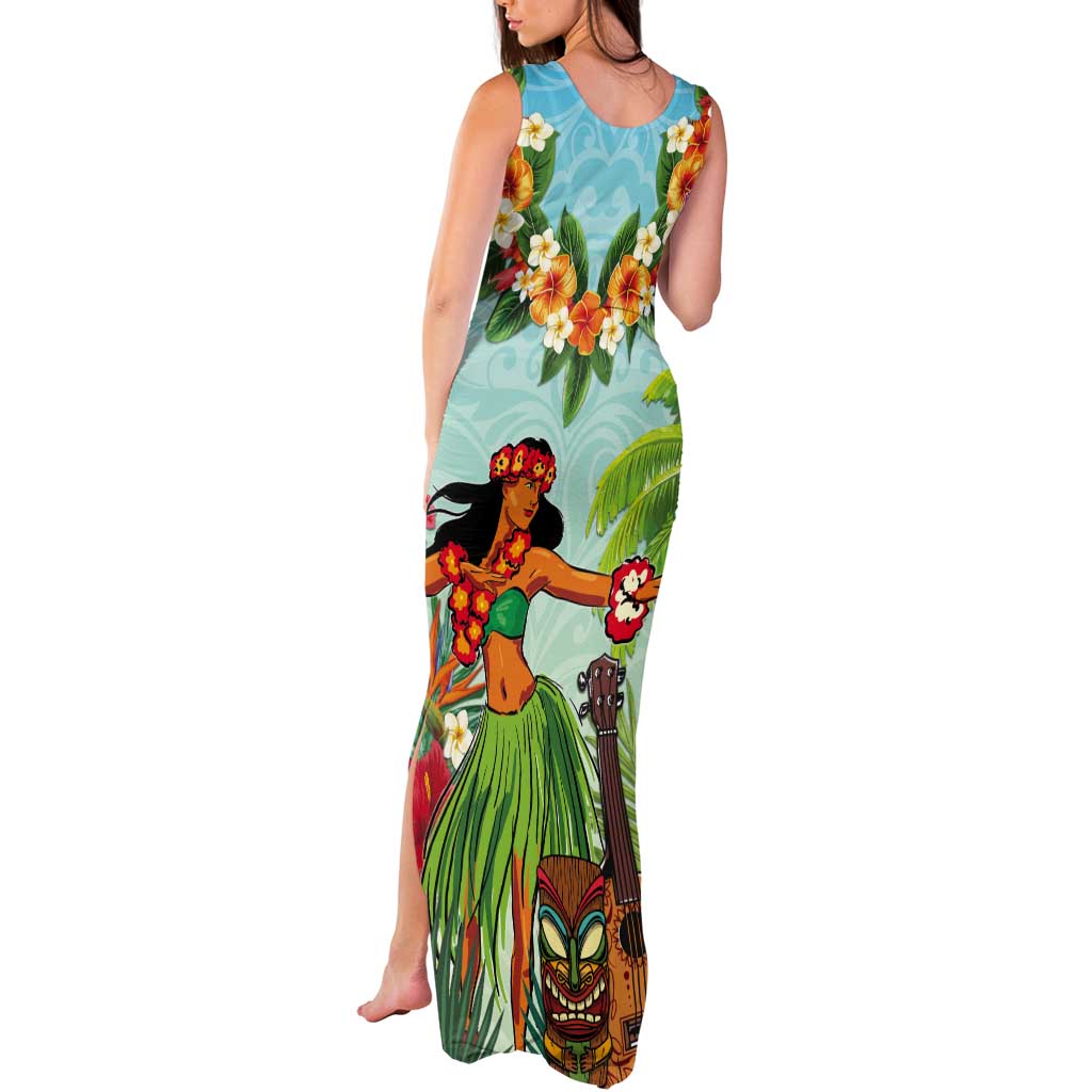 Hawaii Lei Day Tank Maxi Dress Hula Girl With Tropical Forest