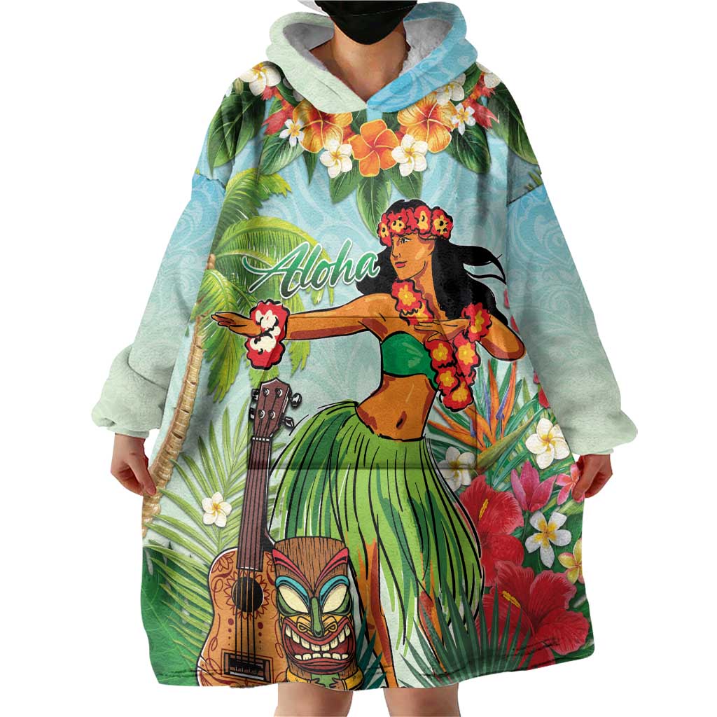 Hawaii Lei Day Wearable Blanket Hoodie Hula Girl With Tropical Forest
