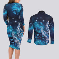 New Zealand Matariki Couples Matching Long Sleeve Bodycon Dress and Long Sleeve Button Shirt Maori Koru Mix Silver Fern