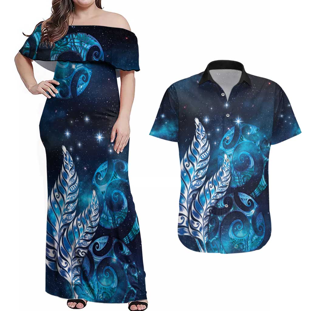 New Zealand Matariki Couples Matching Off Shoulder Maxi Dress and Hawaiian Shirt Maori Koru Mix Silver Fern