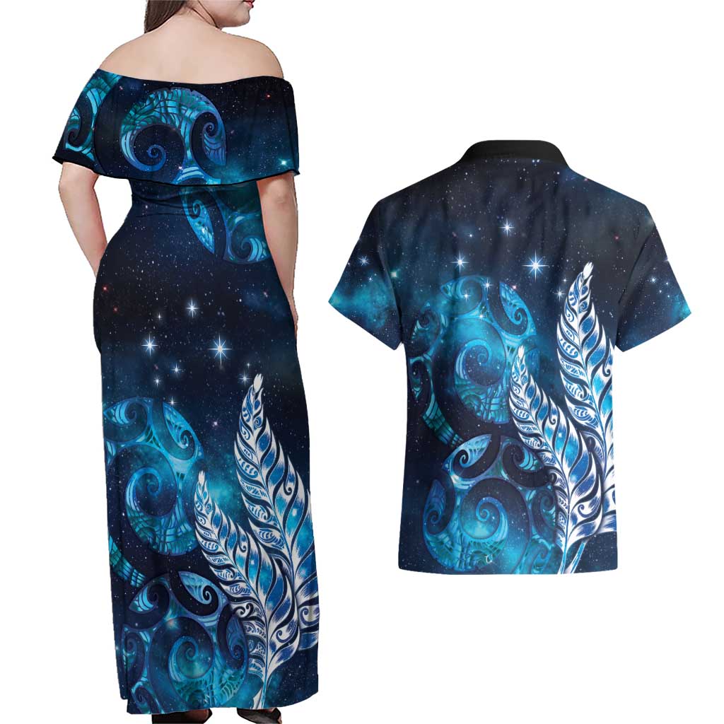 New Zealand Matariki Couples Matching Off Shoulder Maxi Dress and Hawaiian Shirt Maori Koru Mix Silver Fern