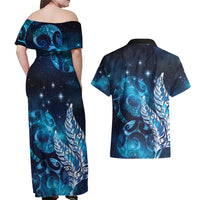 New Zealand Matariki Couples Matching Off Shoulder Maxi Dress and Hawaiian Shirt Maori Koru Mix Silver Fern