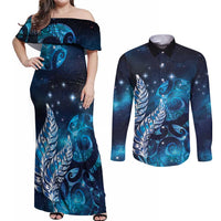 New Zealand Matariki Couples Matching Off Shoulder Maxi Dress and Long Sleeve Button Shirt Maori Koru Mix Silver Fern