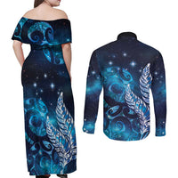 New Zealand Matariki Couples Matching Off Shoulder Maxi Dress and Long Sleeve Button Shirt Maori Koru Mix Silver Fern