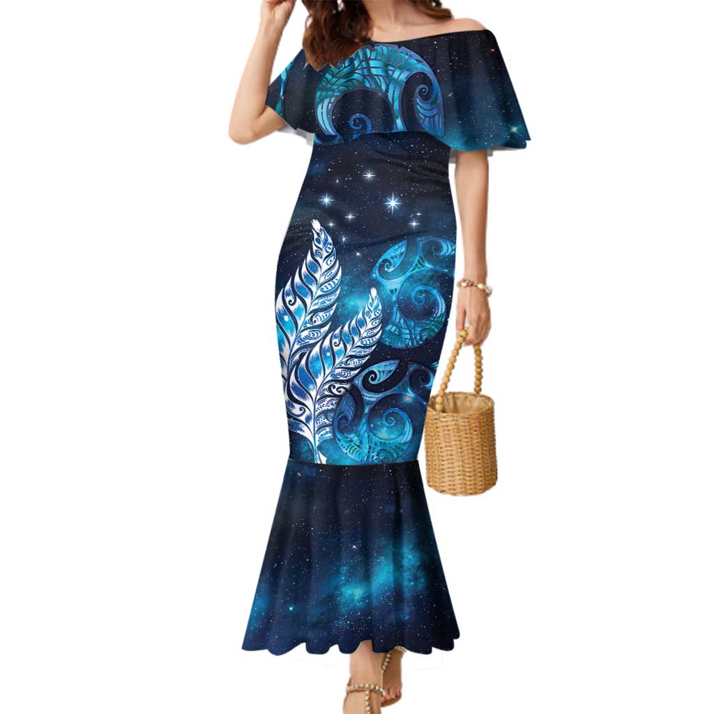 New Zealand Matariki Family Matching Mermaid Dress and Hawaiian Shirt Maori Koru Mix Silver Fern