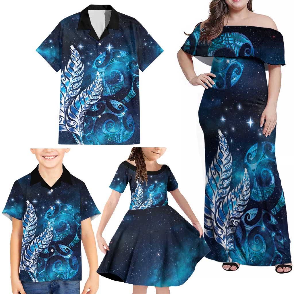New Zealand Matariki Family Matching Off Shoulder Maxi Dress and Hawaiian Shirt Maori Koru Mix Silver Fern