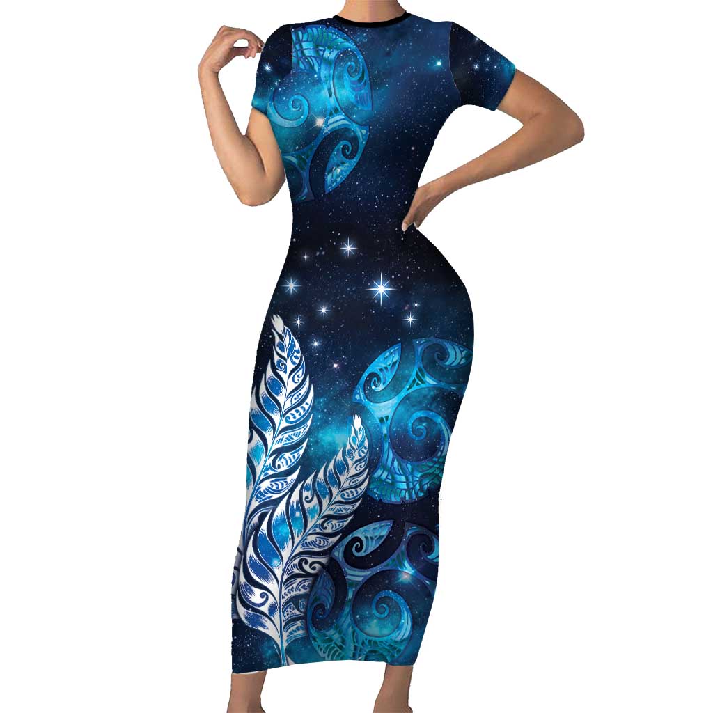 New Zealand Matariki Family Matching Short Sleeve Bodycon Dress and Hawaiian Shirt Maori Koru Mix Silver Fern