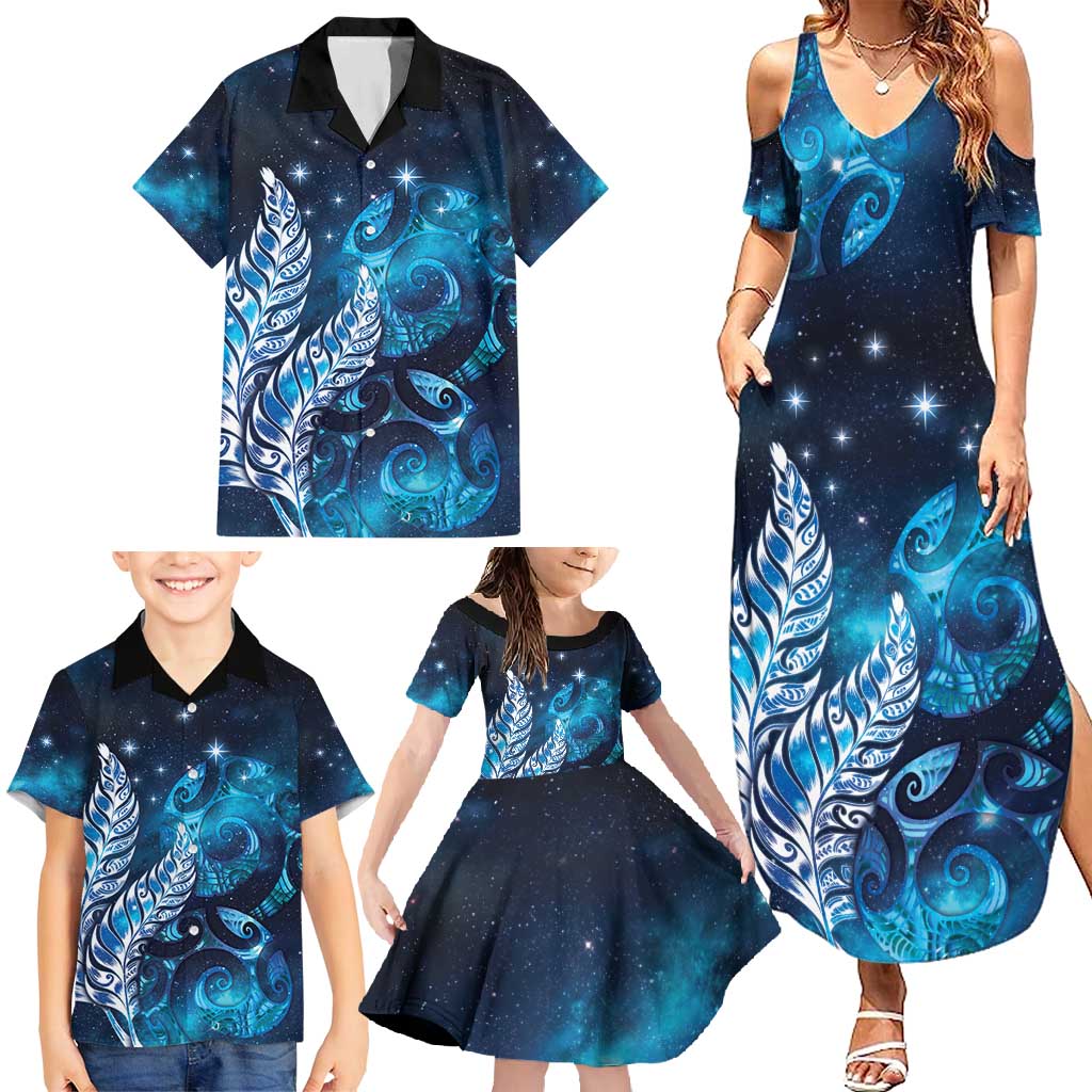 New Zealand Matariki Family Matching Summer Maxi Dress and Hawaiian Shirt Maori Koru Mix Silver Fern
