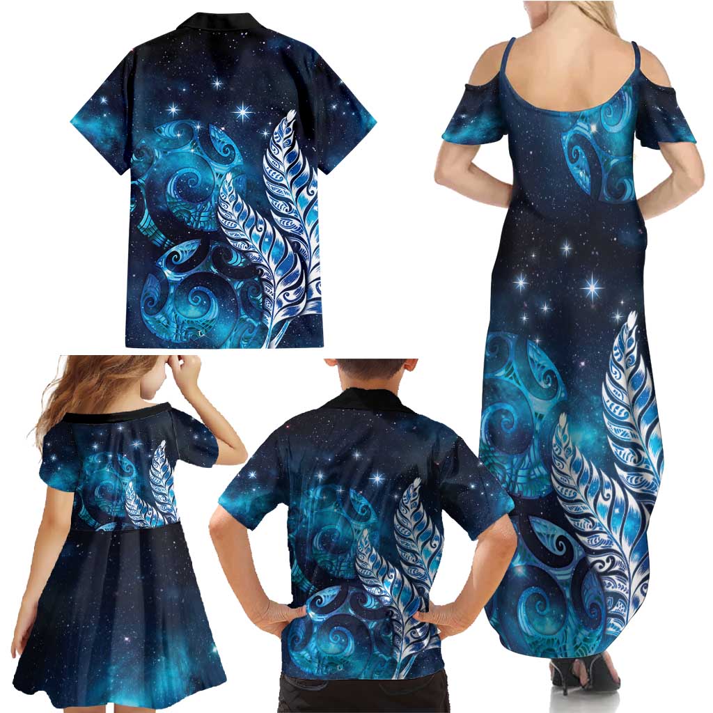 New Zealand Matariki Family Matching Summer Maxi Dress and Hawaiian Shirt Maori Koru Mix Silver Fern