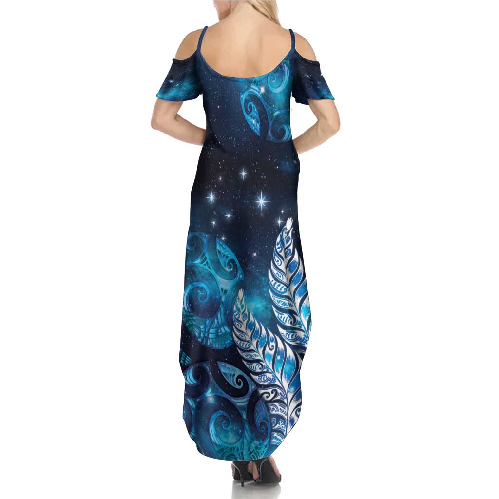 New Zealand Matariki Family Matching Summer Maxi Dress and Hawaiian Shirt Maori Koru Mix Silver Fern