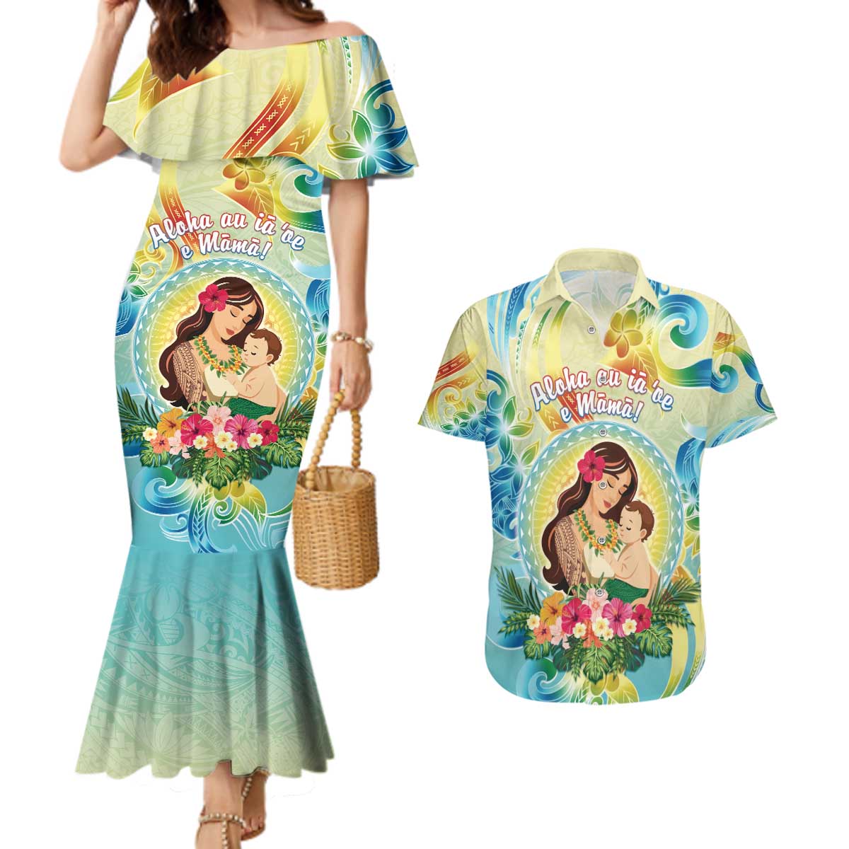 Personalised Hawaii Mother's Day Couples Matching Mermaid Dress and Hawaiian Shirt I Love You Mom