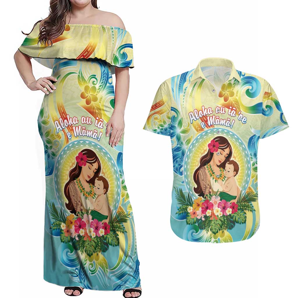 Personalised Hawaii Mother's Day Couples Matching Off Shoulder Maxi Dress and Hawaiian Shirt I Love You Mom